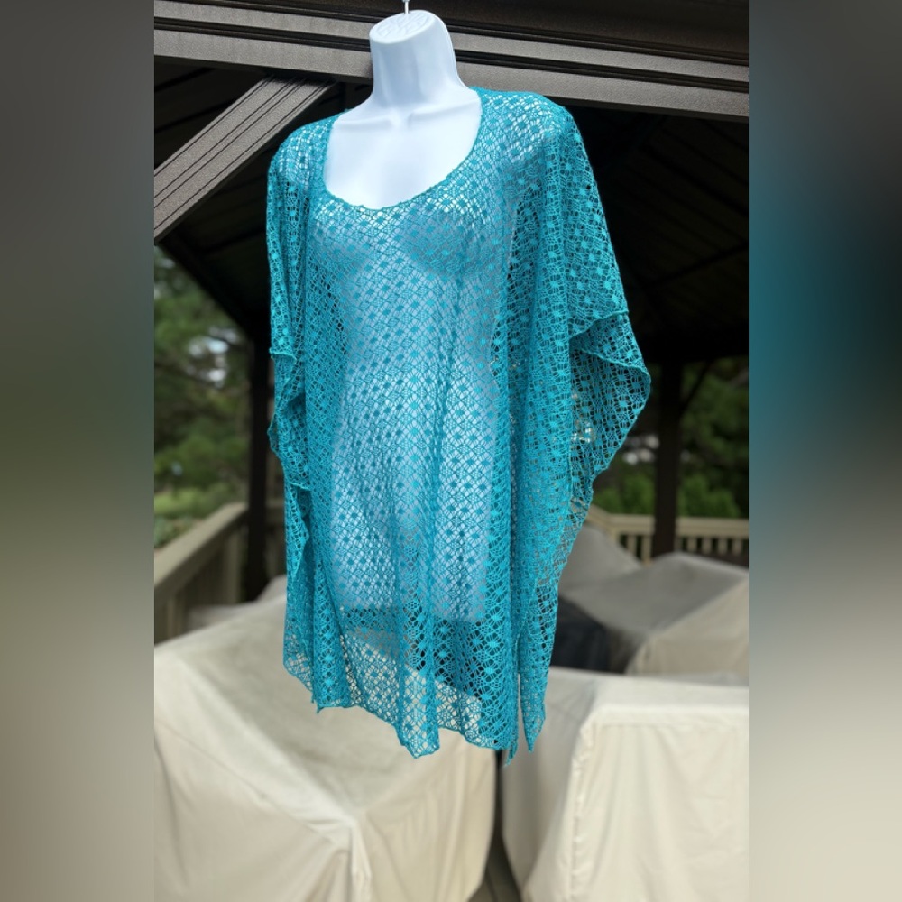 Teal Crochet Swim Cover-Up, Size: OS (96”W x 33”L)